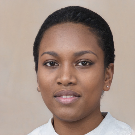 Neutral black young-adult female with short  black hair and brown eyes