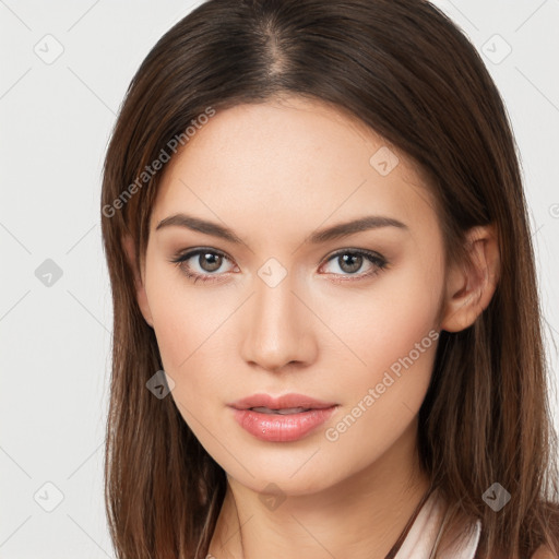 Neutral white young-adult female with long  brown hair and brown eyes