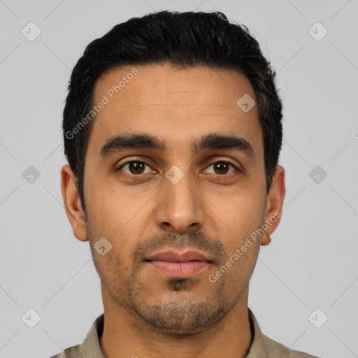 Neutral latino young-adult male with short  black hair and brown eyes