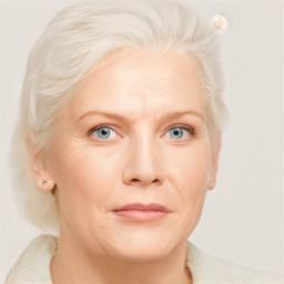 Joyful white adult female with medium  blond hair and blue eyes