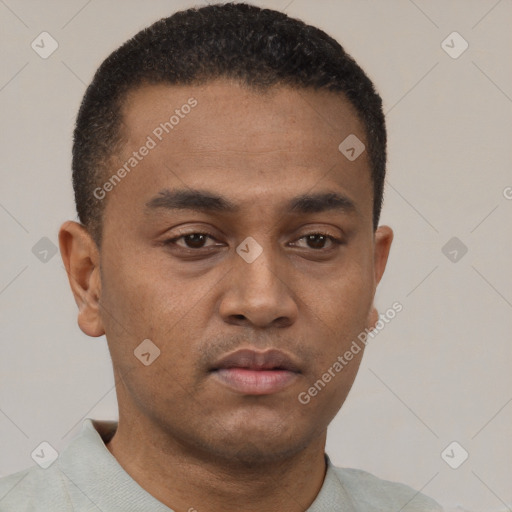 Neutral latino young-adult male with short  brown hair and brown eyes
