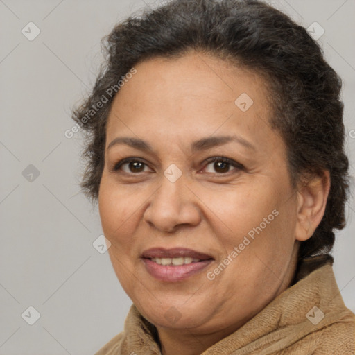 Joyful white adult female with short  brown hair and brown eyes