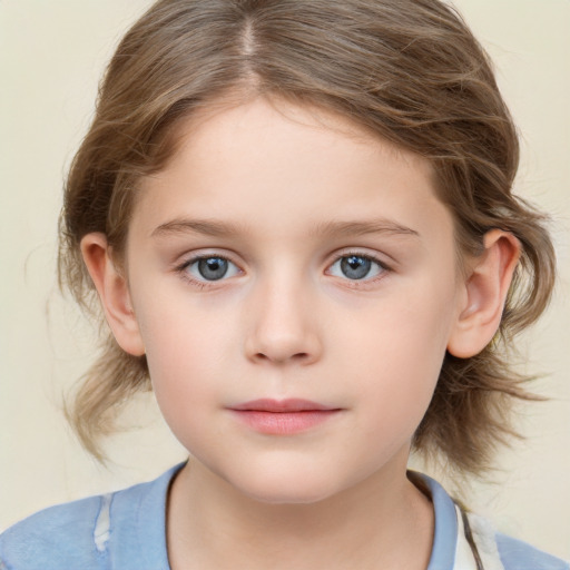 Neutral white child female with medium  brown hair and blue eyes