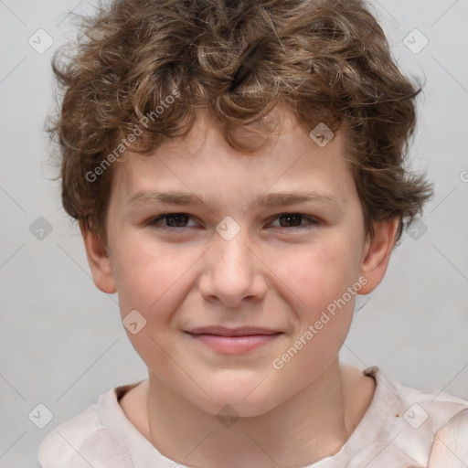 Joyful white child male with short  brown hair and brown eyes