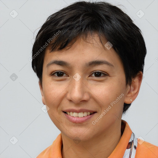 Joyful asian young-adult female with short  brown hair and brown eyes