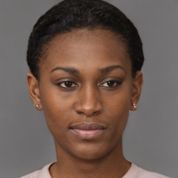 Neutral black young-adult female with short  brown hair and brown eyes