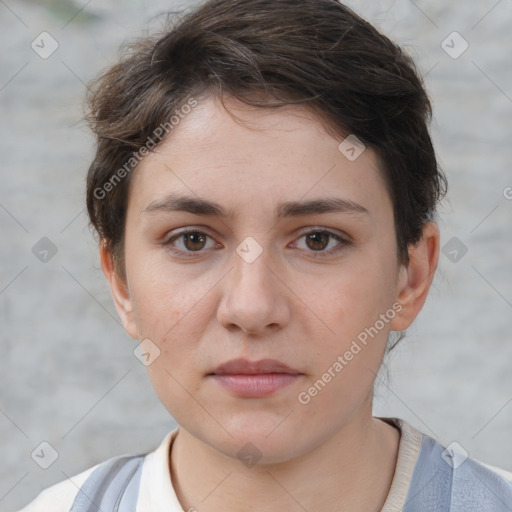 Neutral white young-adult female with short  brown hair and brown eyes