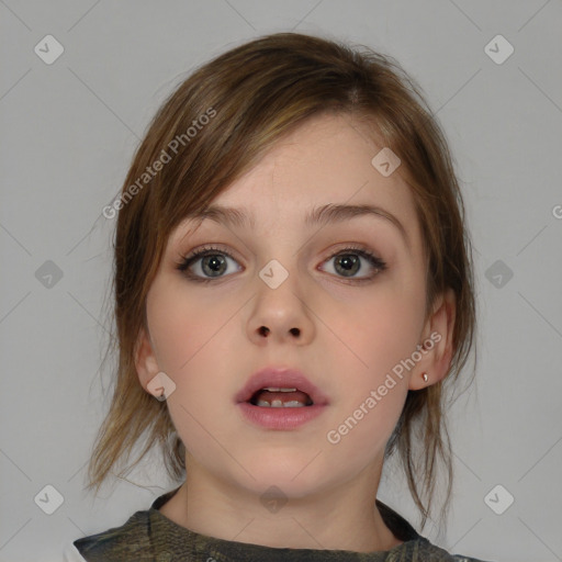 Neutral white child female with medium  brown hair and blue eyes