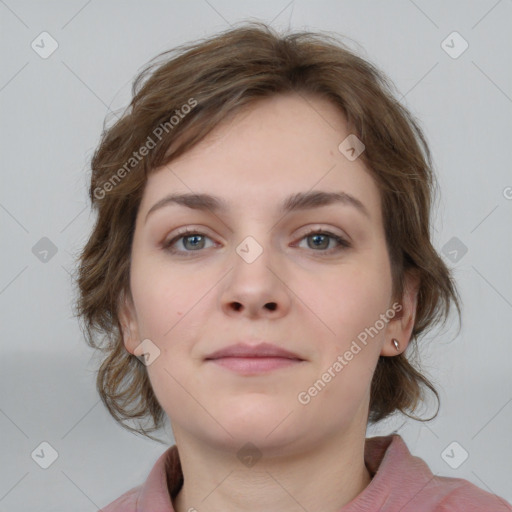 Neutral white young-adult female with medium  brown hair and grey eyes