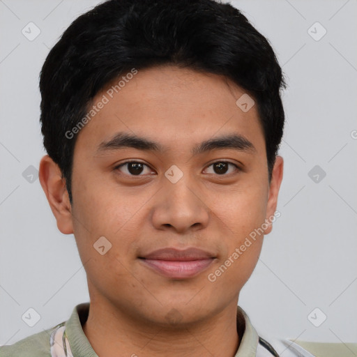 Joyful asian young-adult male with short  brown hair and brown eyes