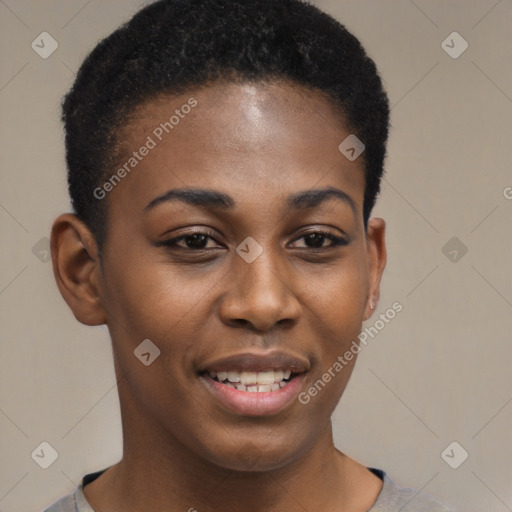 Joyful black young-adult female with short  brown hair and brown eyes