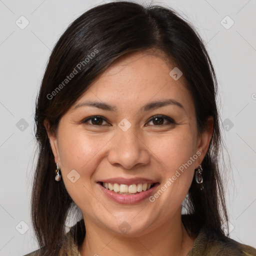 Joyful white young-adult female with medium  brown hair and brown eyes