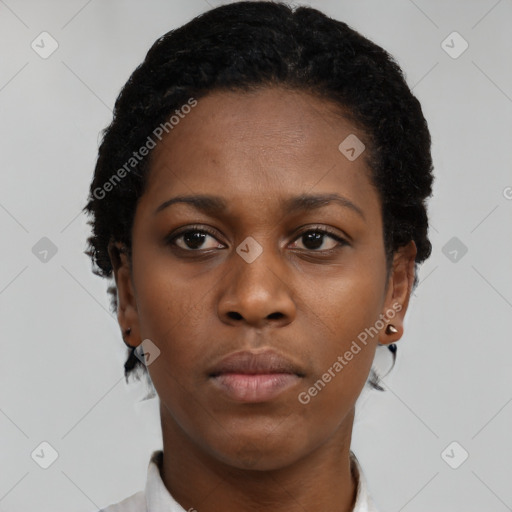 Neutral black young-adult female with short  black hair and brown eyes