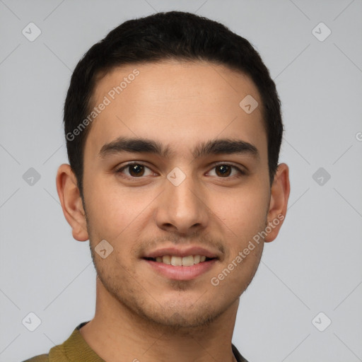 Joyful white young-adult male with short  brown hair and brown eyes