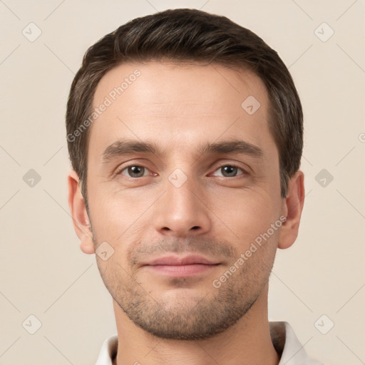 Neutral white young-adult male with short  brown hair and brown eyes