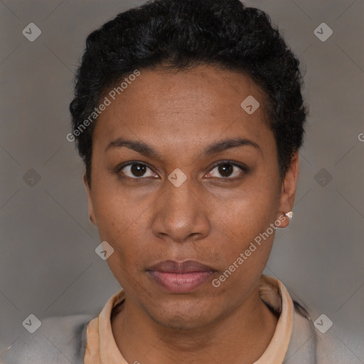 Neutral black young-adult female with short  black hair and brown eyes