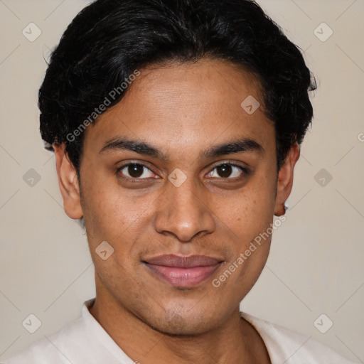 Joyful latino young-adult male with short  brown hair and brown eyes