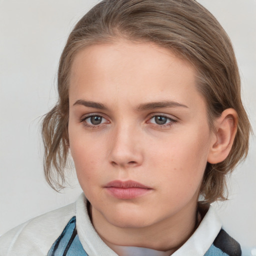 Neutral white young-adult female with medium  brown hair and grey eyes