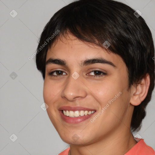 Joyful white young-adult female with medium  brown hair and brown eyes