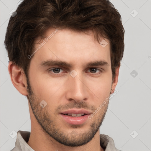 Neutral white young-adult male with short  brown hair and brown eyes