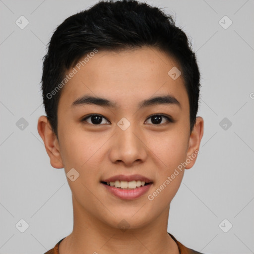 Joyful latino young-adult male with short  brown hair and brown eyes