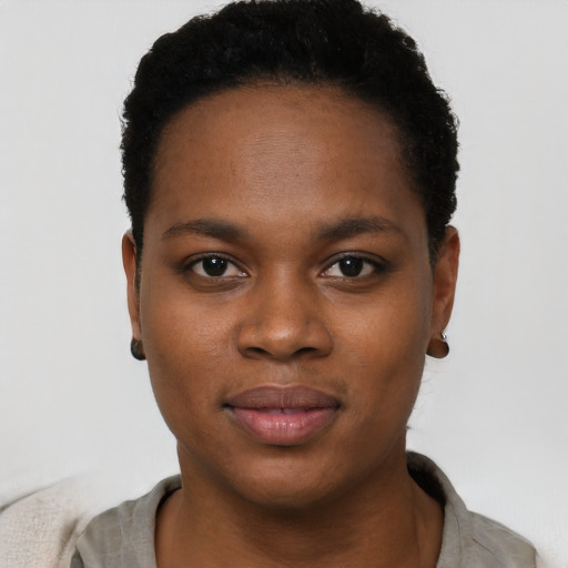 Neutral black young-adult female with short  black hair and brown eyes