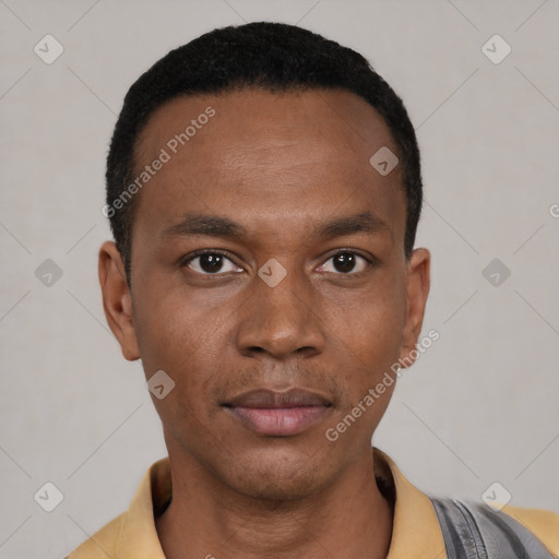 Neutral latino young-adult male with short  black hair and brown eyes