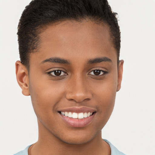 Joyful black young-adult female with short  brown hair and brown eyes