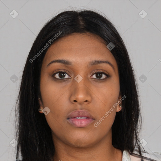 Neutral asian young-adult female with long  brown hair and brown eyes