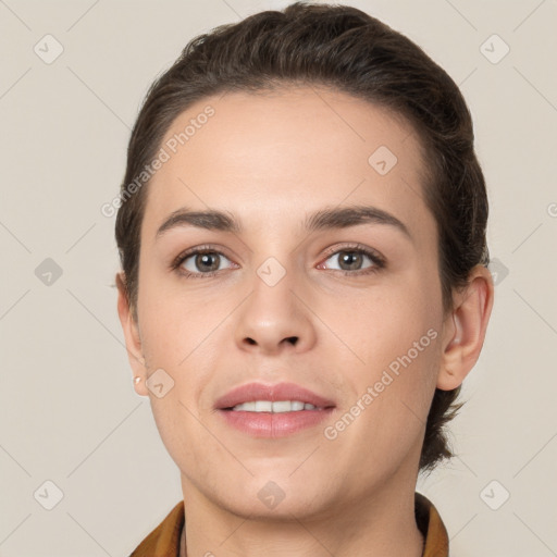 Neutral white young-adult female with short  brown hair and brown eyes