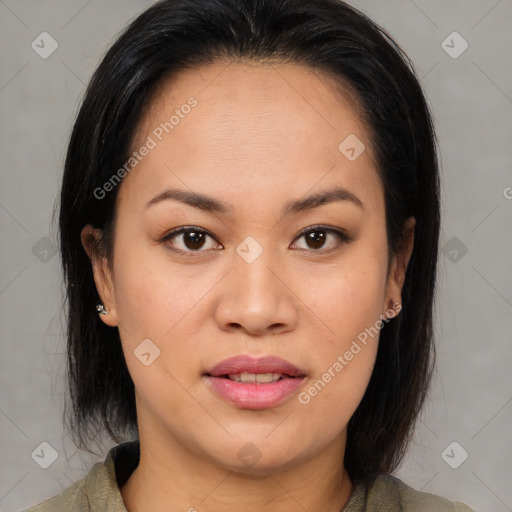 Joyful asian young-adult female with medium  brown hair and brown eyes