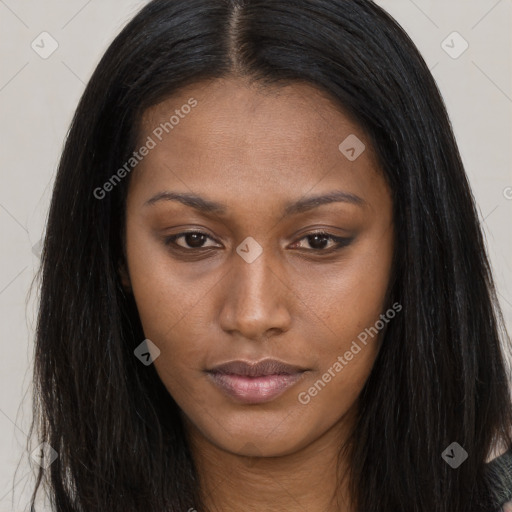 Joyful asian young-adult female with long  brown hair and brown eyes