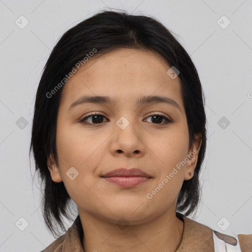 Neutral asian young-adult female with medium  brown hair and brown eyes