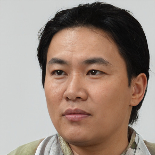 Joyful asian adult male with short  black hair and brown eyes