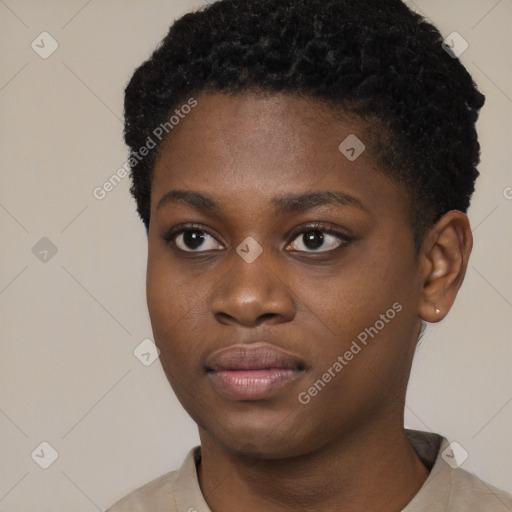 Neutral black young-adult female with short  black hair and brown eyes