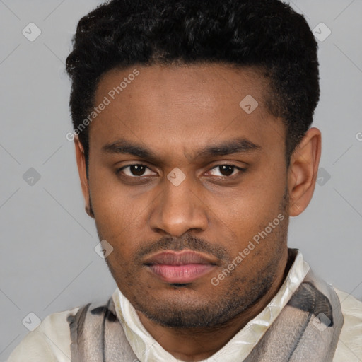 Neutral latino young-adult male with short  black hair and brown eyes