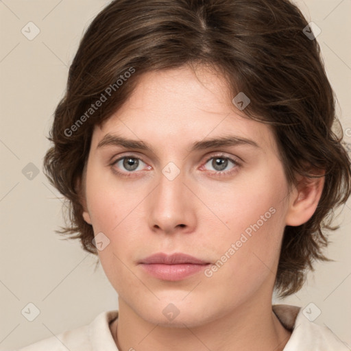 Neutral white young-adult female with medium  brown hair and brown eyes