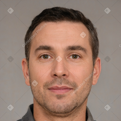 Neutral white adult male with short  brown hair and brown eyes