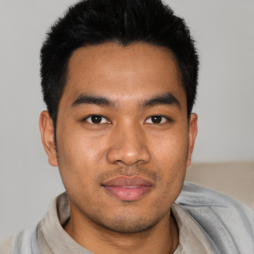 Neutral asian young-adult male with short  black hair and brown eyes