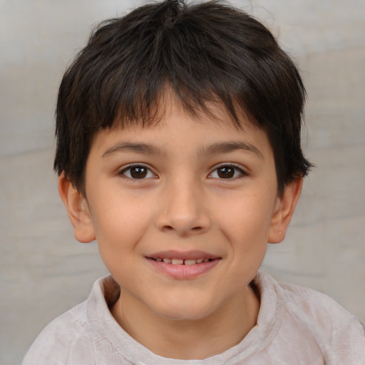 Joyful white child female with short  brown hair and brown eyes