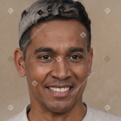 Joyful latino adult male with short  black hair and brown eyes