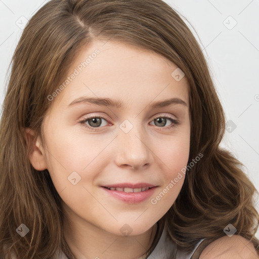 Joyful white young-adult female with long  brown hair and green eyes