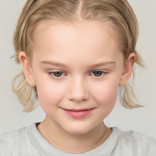 Joyful white child female with medium  brown hair and grey eyes