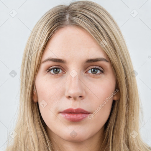 Neutral white young-adult female with long  brown hair and grey eyes