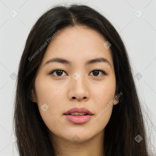 Neutral asian young-adult female with long  brown hair and brown eyes