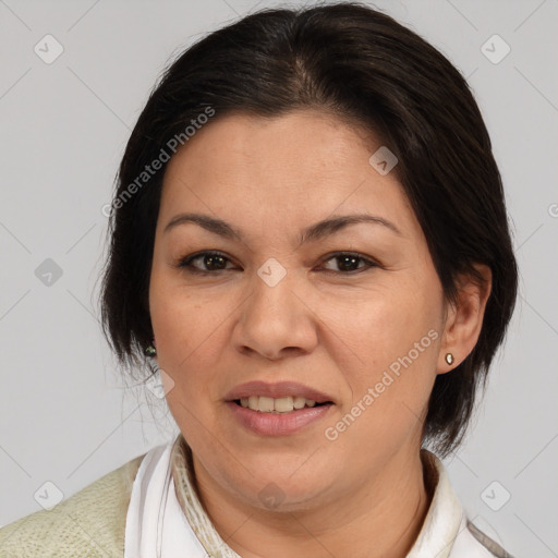 Joyful white adult female with medium  brown hair and brown eyes