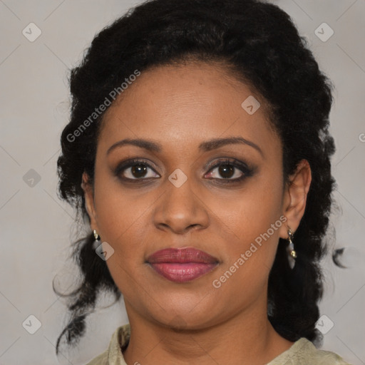 Joyful black young-adult female with medium  brown hair and brown eyes