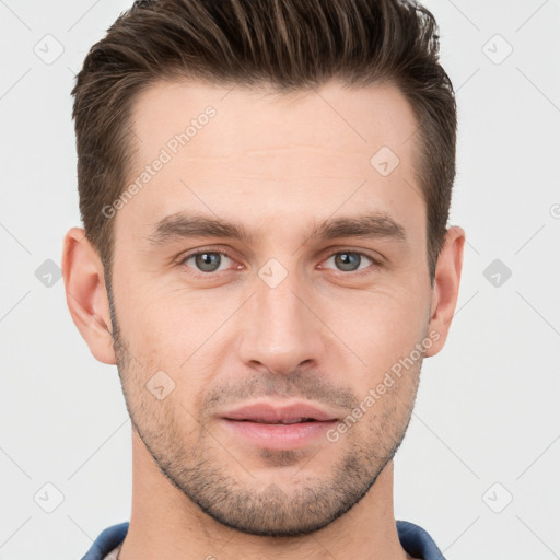 Neutral white young-adult male with short  brown hair and brown eyes