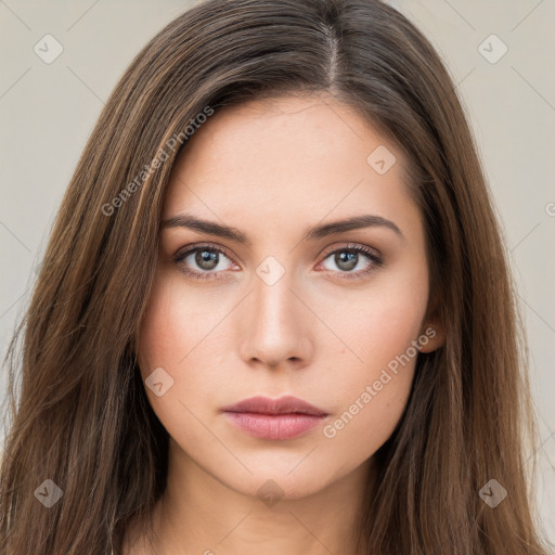 Neutral white young-adult female with long  brown hair and brown eyes