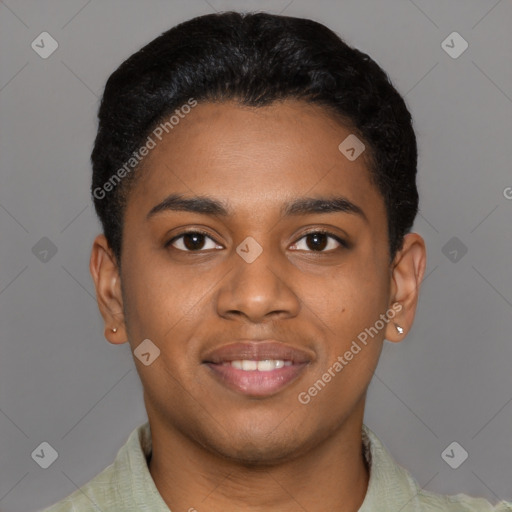 Joyful black young-adult male with short  black hair and brown eyes